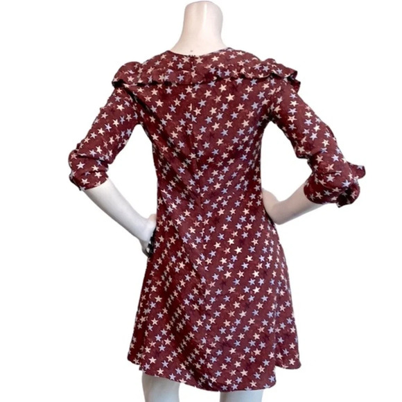 Sandro Burgundy Star Print 100% Silk Round Neck Ruffle Mini Dress Size 1=S US - Picture 8 of 13